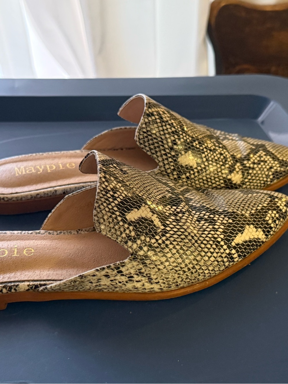 Esprit Metallic Snake-Print Slip-On Mules in Gold and Black